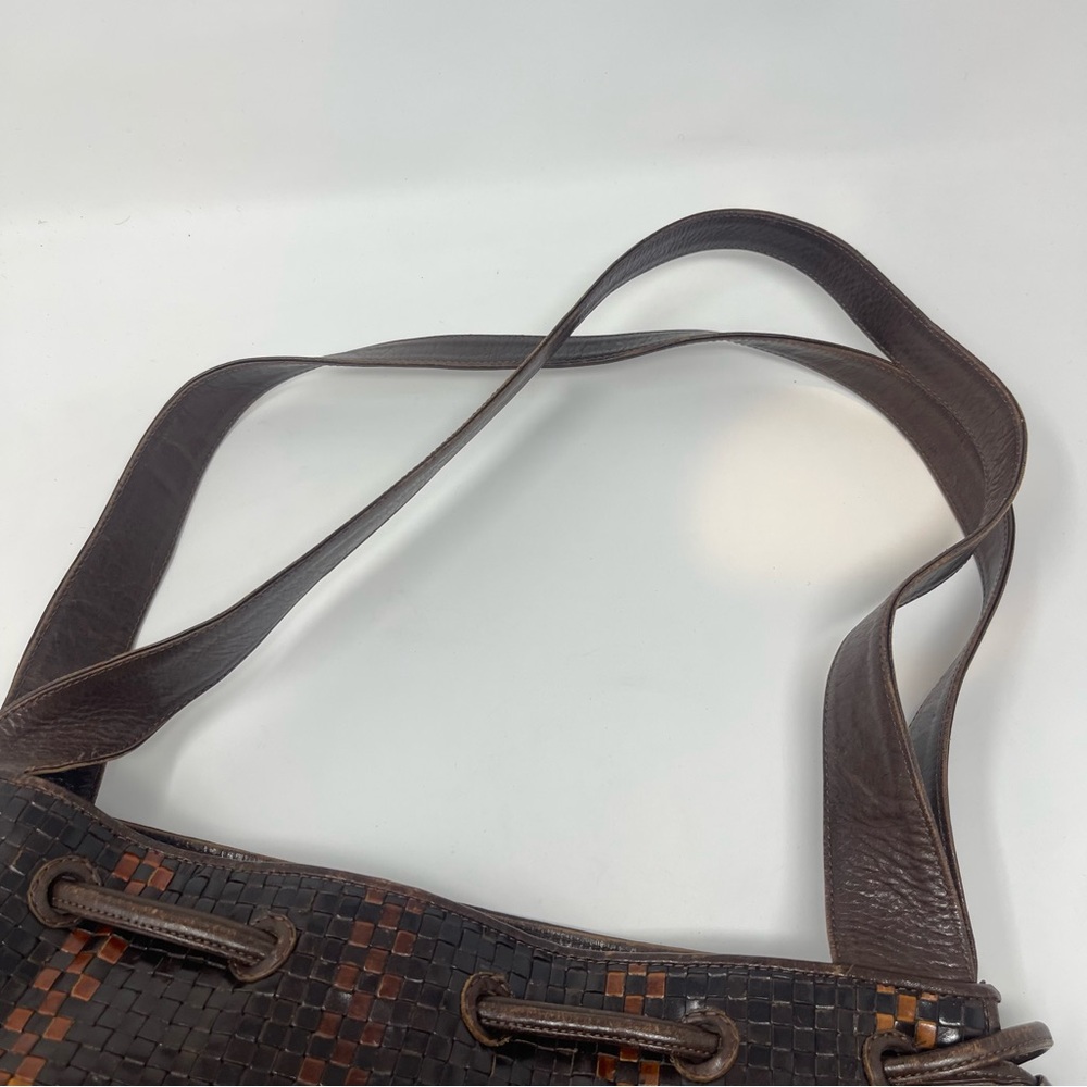 Vintage CEM Woven Leather Shoulder Bag | Brown Check | Boho Artisan Tote - Picture 9 of 13